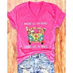 Vibrant T Shirt Imagine All The People Living Life in Peace Rose Red size S(4)